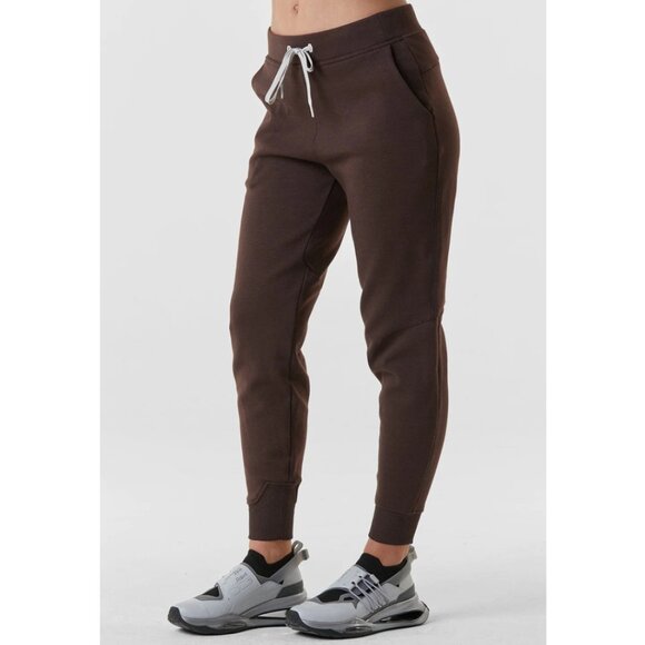 Dark Brown Casual Lounge Sweatpants Ribbed Hem with Light Beige Drawstring - Picture 4 of 6